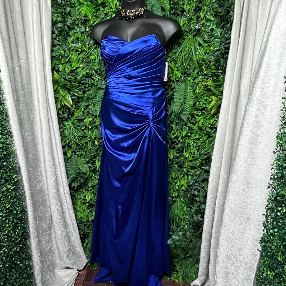Y2K Juliet Dress Large Blue Strapless Ruched Pleated Satin Formal‎ Gown USA 3221